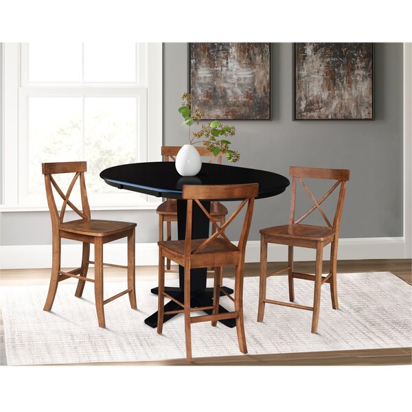 International Concepts 36 in. Solid Wood Round Extension Dining Table with 4 Counter Height Stools in Black/Distressed Oak - K46-36RXT-23S4261324