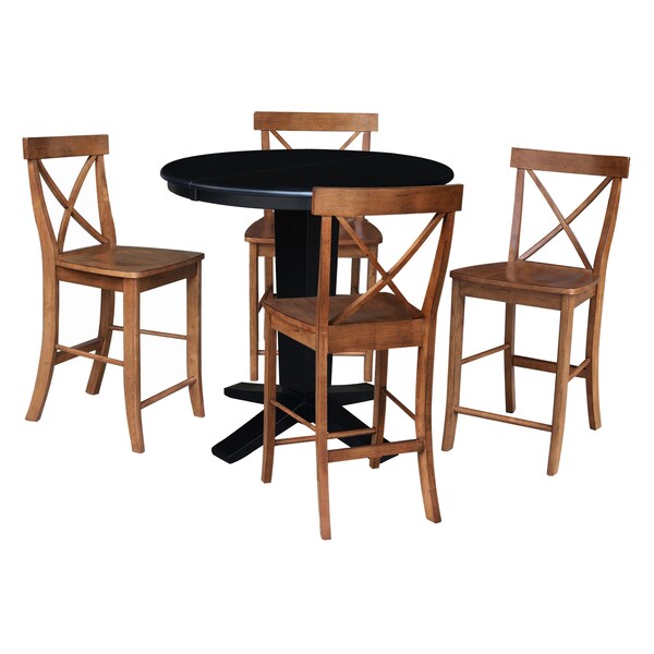 International Concepts 36 in. Solid Wood Round Extension Dining Table with 4 Counter Height Stools in Black/Distressed Oak - K46-36RXT-23S4261324