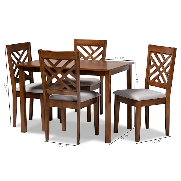 Baxton Studio Caron Grey Upholstered Walnut Brown Finished Wood 5-Piece Dining Set - 161-9881-8959