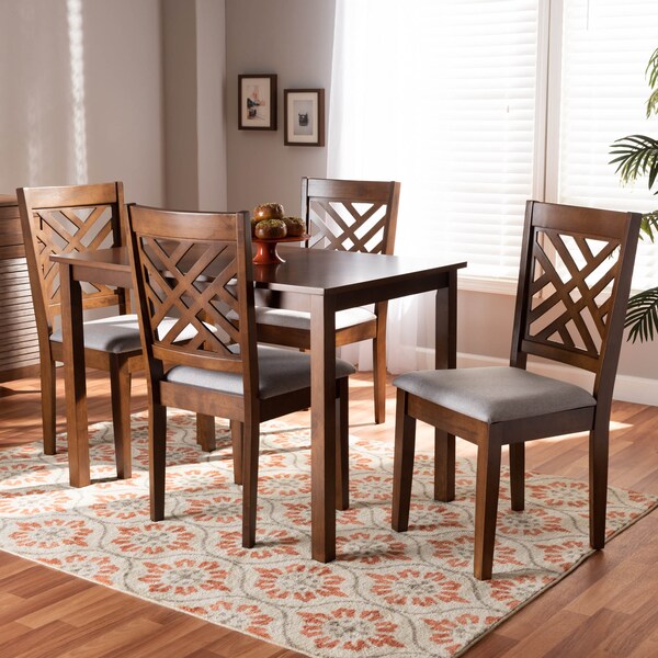 Baxton Studio Caron Grey Upholstered Walnut Brown Finished Wood 5-Piece Dining Set - 161-9881-8959