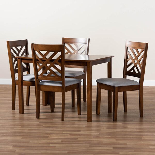 Baxton Studio Caron Grey Upholstered Walnut Brown Finished Wood 5-Piece Dining Set - 161-9881-8959