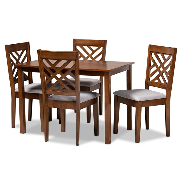 Baxton Studio Caron Grey Upholstered Walnut Brown Finished Wood 5-Piece Dining Set - 161-9881-8959