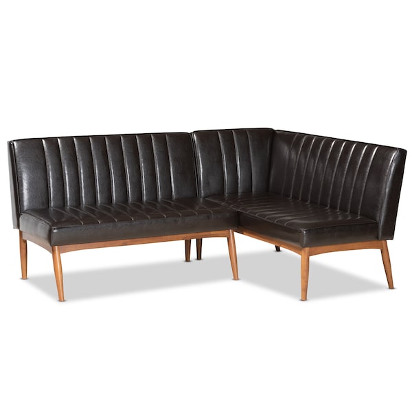 Baxton Studio Daymond Mid-Century Dark Brown Faux Leather and Walnut Brown Wood 2-PC Dining Nook Banquette Set - 186-11349-ZORO