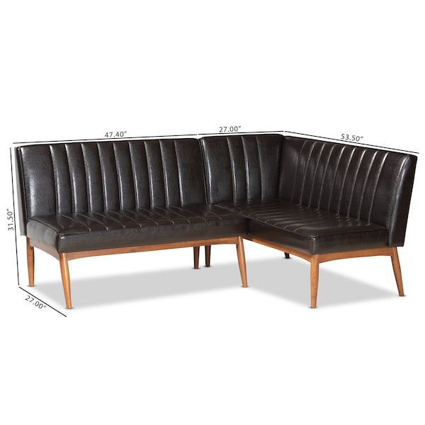 Baxton Studio Daymond Mid-Century Dark Brown Faux Leather and Walnut Brown Wood 2-PC Dining Nook Banquette Set - 186-11349-ZORO