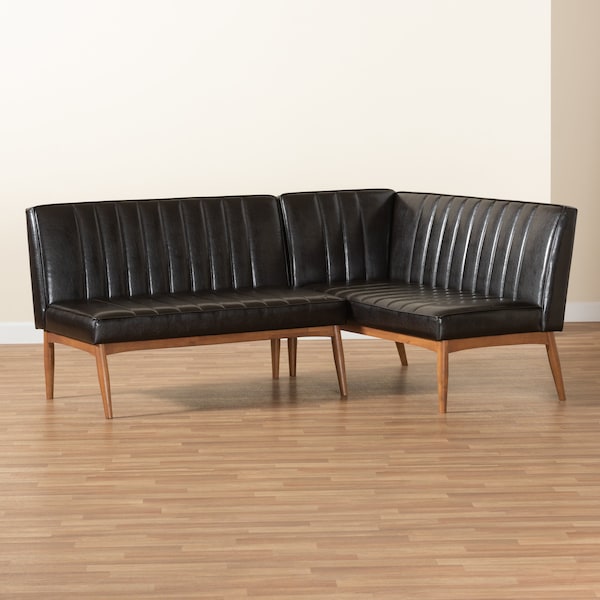 Baxton Studio Daymond Mid-Century Dark Brown Faux Leather and Walnut Brown Wood 2-PC Dining Nook Banquette Set - 186-11349-ZORO