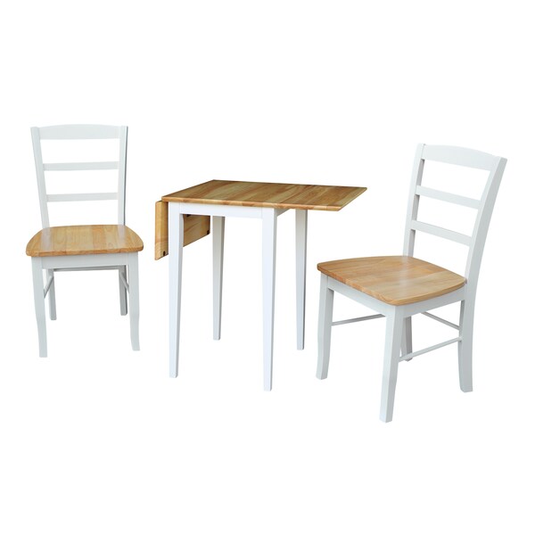 International Concepts Rectangle Small Dual Drop Leaf Table, 2 Madrid Ladderback Chairs, White / Natural, 36 in W, 22 in L - K02-2236D-C2