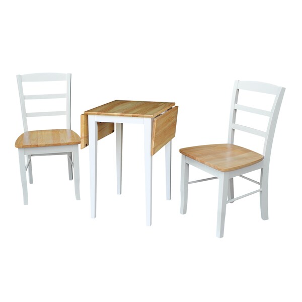 International Concepts Rectangle Small Dual Drop Leaf Table, 2 Madrid Ladderback Chairs, White / Natural, 36 in W, 22 in L - K02-2236D-C2