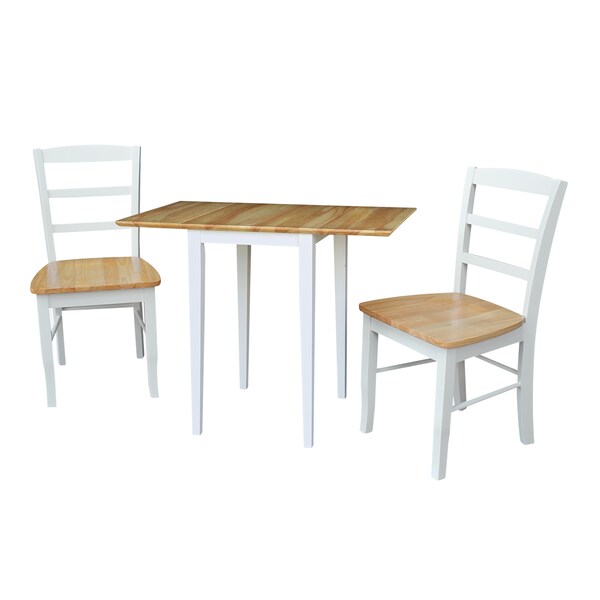International Concepts Rectangle Small Dual Drop Leaf Table, 2 Madrid Ladderback Chairs, White / Natural, 36 in W, 22 in L - K02-2236D-C2