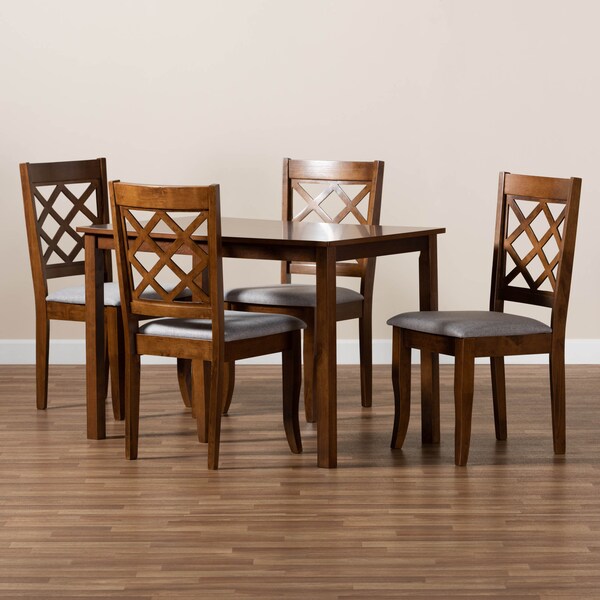 Baxton Studio Sari Grey Upholstered and Walnut Wood 5-Piece Dining Set - 173-9874-8959