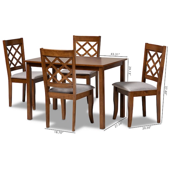 Baxton Studio Sari Grey Upholstered and Walnut Wood 5-Piece Dining Set - 173-9874-8959