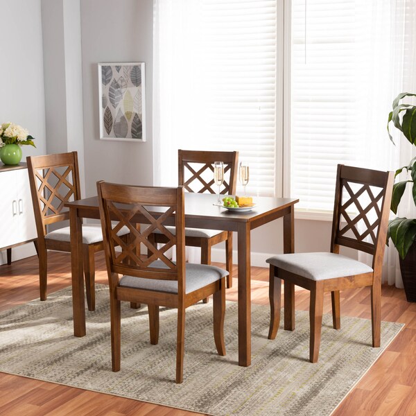 Baxton Studio Sari Grey Upholstered and Walnut Wood 5-Piece Dining Set - 173-9874-8959