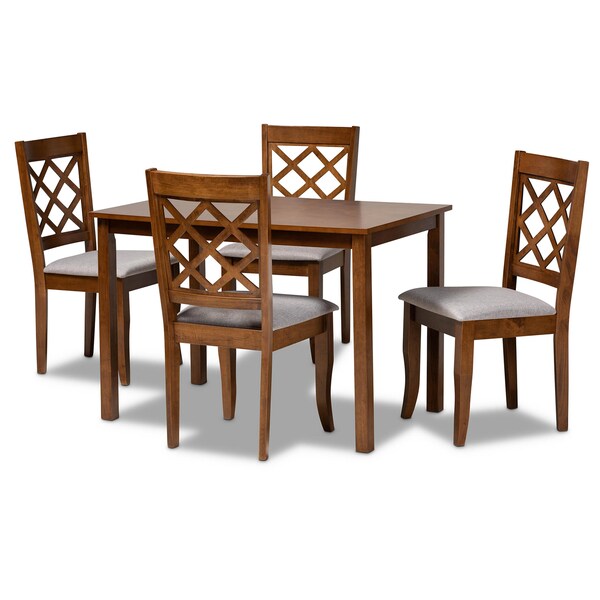 Baxton Studio Sari Grey Upholstered and Walnut Wood 5-Piece Dining Set - 173-9874-8959