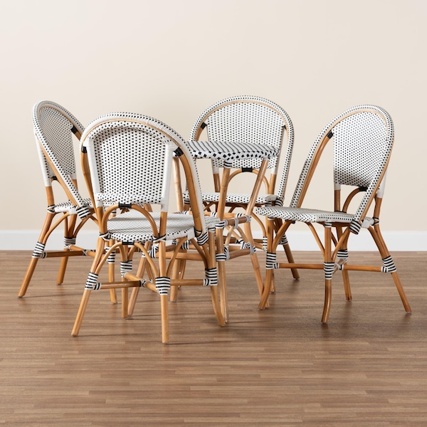 Baxton Studio Genica Classic French Black and White Waeving and Natural Brown Rattan 5-Piece Dining Chair Set - 210-12698-12699