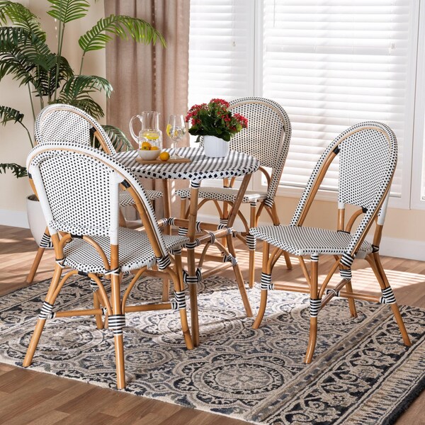 Baxton Studio Genica Classic French Black and White Waeving and Natural Brown Rattan 5-Piece Dining Chair Set - 210-12698-12699