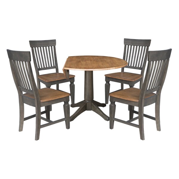 International Concepts Round Round 42 in. Dual Drop Leaf Dining Table with 4 Slatback Chairs in Hickory/Washed Coal, Wood - K45-42DPT-27B-C65-4