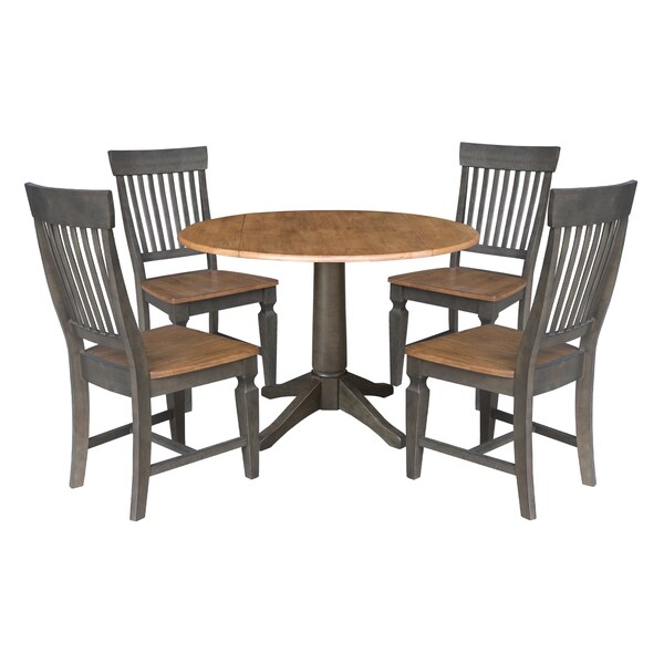 International Concepts Round Round 42 in. Dual Drop Leaf Dining Table with 4 Slatback Chairs in Hickory/Washed Coal, Wood - K45-42DPT-27B-C65-4