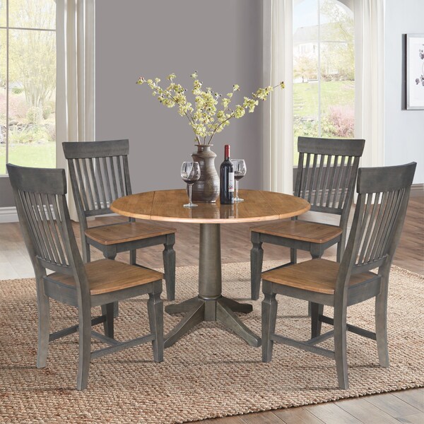 International Concepts Round Round 42 in. Dual Drop Leaf Dining Table with 4 Slatback Chairs in Hickory/Washed Coal, Wood - K45-42DPT-27B-C65-4