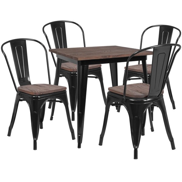 Flash Furniture Square Black Metal Table Set with Wood T, 32.25"W W, 31.5" Square L, 30.5"H H, Walnut Elm Wood Top - CH-WD-TBCH-18-GG