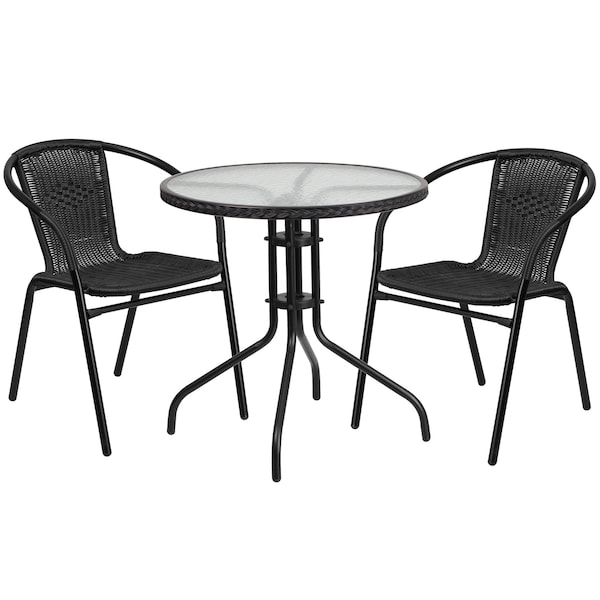 Flash Furniture Round Glass Table w/2 Blk Rattan Chrs, Rnd, 28", 28.75 W, 28.75 L, 28 H, Clear - TLH-087RD-037BK2-GG