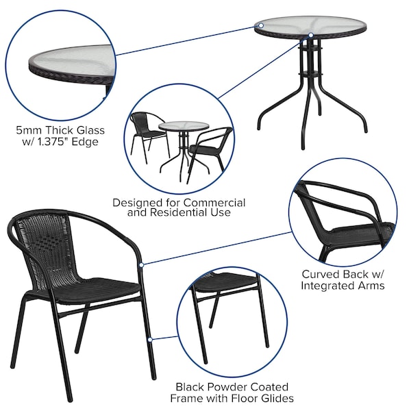 Flash Furniture Round Glass Table w/2 Blk Rattan Chrs, Rnd, 28", 28.75 W, 28.75 L, 28 H, Clear - TLH-087RD-037BK2-GG