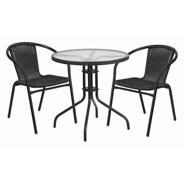 Flash Furniture Round Glass Table w/2 Blk Rattan Chrs, Rnd, 28", 28.75 W, 28.75 L, 28 H, Clear - TLH-087RD-037BK2-GG