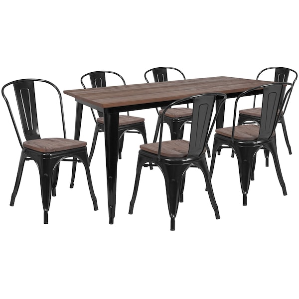 Flash Furniture Rectangle Black Metal Table Set with Wood Top and, 30.25" W, 60" L, 30.5" H, Wood, Wood Grain - CH-WD-TBCH-28-GG