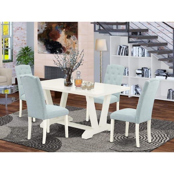 East West Furniture 5 Piece V-Style Dining Room Table Set - Linen White - V026CE215-5