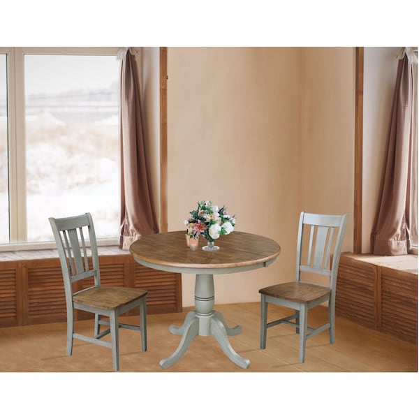 International Concepts Round 36 in Rd Extension Dining Table, 2 San Remo Chairs, Hickory/Stone, 36 in W, 48 in L, 29.3 in H - K41-36RXT-C10-2