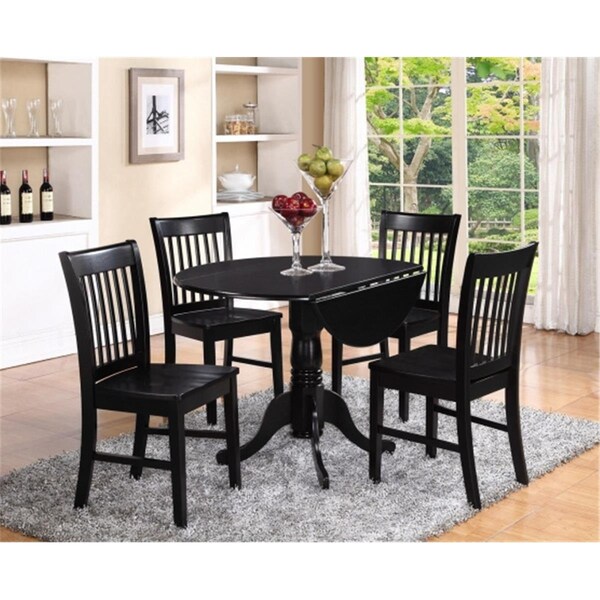 East West Furniture 3PC Kitchen Round Table with 2 Drop Leaves and 2 slatted -back Chairs with wood Seat - DLNO3-BLK-W