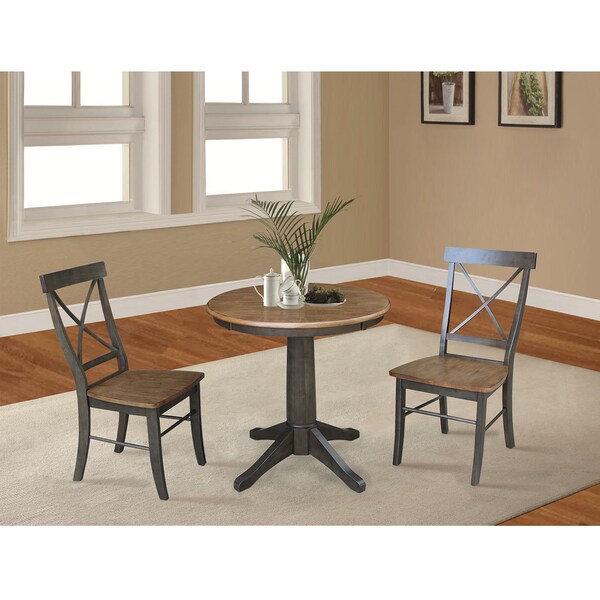 International Concepts Round 30 in Rd Top Pedestal Table, 2 X-Back Chairs, Hickory/Washed Coal, 30 in W, 30 in L, 29.9 in H - K45-30RT-27B-C613-2
