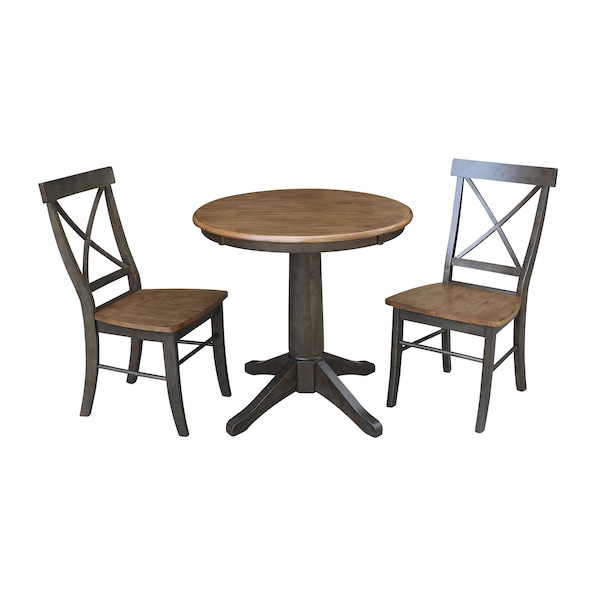 International Concepts Round 30 in Rd Top Pedestal Table, 2 X-Back Chairs, Hickory/Washed Coal, 30 in W, 30 in L, 29.9 in H - K45-30RT-27B-C613-2