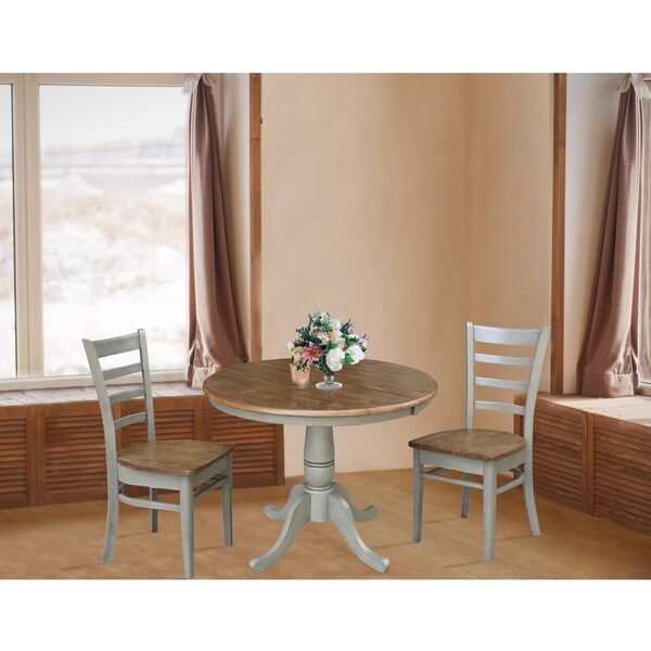 International Concepts Round 36 in Rd Extension Dining Table, 2 Emily Chairs, Hickory/Stone, 36 in W, 48 in L, 29.3 in H - K41-36RXT-C617-2