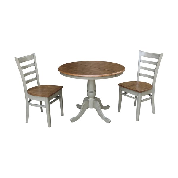 International Concepts Round 36 in Rd Extension Dining Table, 2 Emily Chairs, Hickory/Stone, 36 in W, 48 in L, 29.3 in H - K41-36RXT-C617-2
