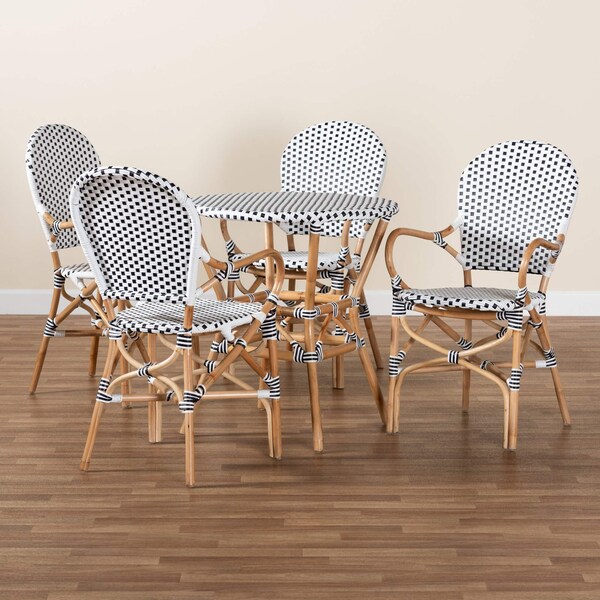 Baxton Studio Naila Classic French Black and White Plastic and Natural Brown Rattan 5-Piece Dining Set - 210-12697-12699