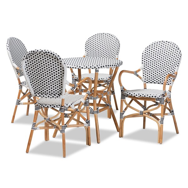 Baxton Studio Naila Classic French Black and White Plastic and Natural Brown Rattan 5-Piece Dining Set - 210-12697-12699
