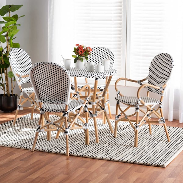 Baxton Studio Naila Classic French Black and White Plastic and Natural Brown Rattan 5-Piece Dining Set - 210-12697-12699