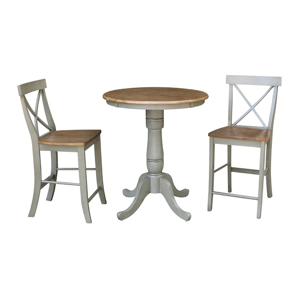International Concepts Round 30 in Rd Ped Gathering Ht Table, 2 X-Back Counter Ht Stools, Hickory/Stone, 30 in W, 30 in L - K41-30RT-6B-S6132-2
