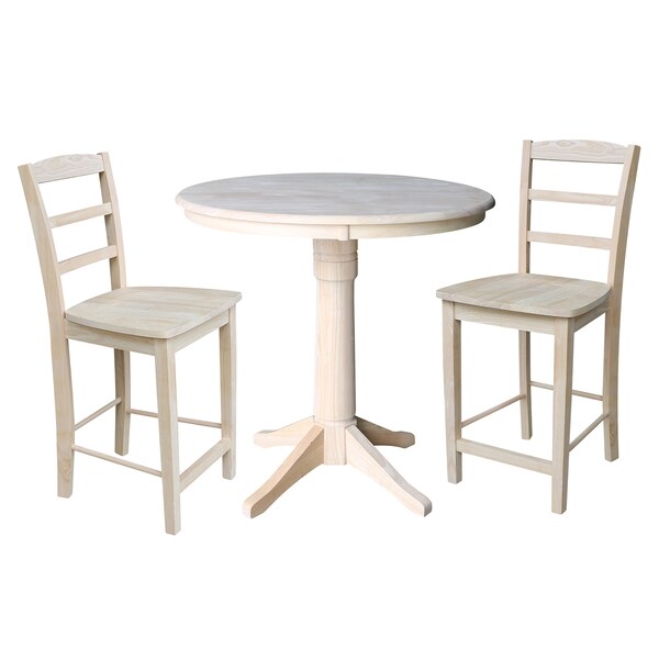 International Concepts Round 36 in Rd Ped Gathering Ht Table, 2 Madrid Counter Ht Stools, Unfinished, 36 in W, 36 in L, Wood - K-36RT-27B-S402-2