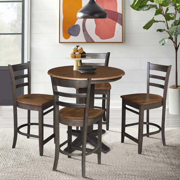 International Concepts 36 in. Solid Wood Round Top Pedestal Dining Table w/4 Counter Height Stools in Hickory/Washed Coal - K45-36RT-23B-S6172-4