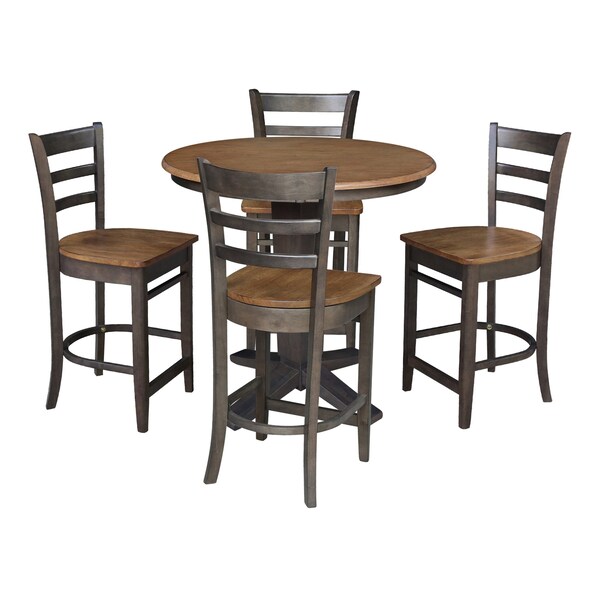 International Concepts 36 in. Solid Wood Round Top Pedestal Dining Table w/4 Counter Height Stools in Hickory/Washed Coal - K45-36RT-23B-S6172-4