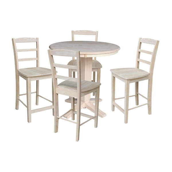 International Concepts 36 in. Solid Wood Round Top Pedestal Dining Table with 4 Counter Height Stools, Unfinished - K-36RT-23B-S402-4