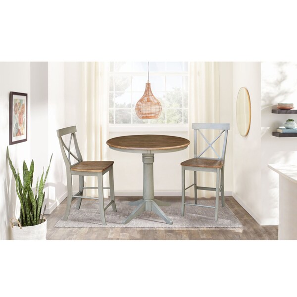 International Concepts Round 36 in Rd Ped Gathering Ht Table, 2 X-Back Counter Ht Stools, Hickory/Stone, 36 in W, 36 in L - K41-36RT-27B-S6132-2