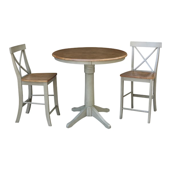 International Concepts Round 36 in Rd Ped Gathering Ht Table, 2 X-Back Counter Ht Stools, Hickory/Stone, 36 in W, 36 in L - K41-36RT-27B-S6132-2