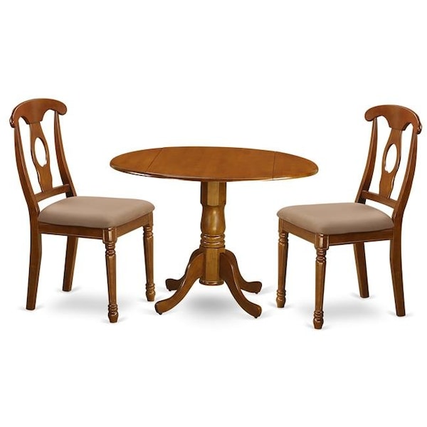 East West Furniture East West Furniture DLNA3-SBR-C 3PC Kitchen Round Table with 2 Drop Leaves and 2 Chairs with cushioned Seat - DLNA3-SBR-C