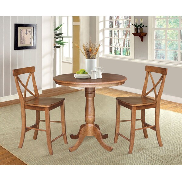 International Concepts Round 36 in Round Extension Dining Table with 2 Stools, Distressed Oak, 36 in W, 48 in L, 35.3 in H - K42-36RXT-6B-S6132-2