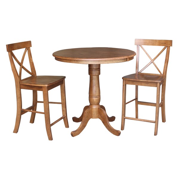 International Concepts Round 36 in Round Extension Dining Table with 2 Stools, Distressed Oak, 36 in W, 48 in L, 35.3 in H - K42-36RXT-6B-S6132-2