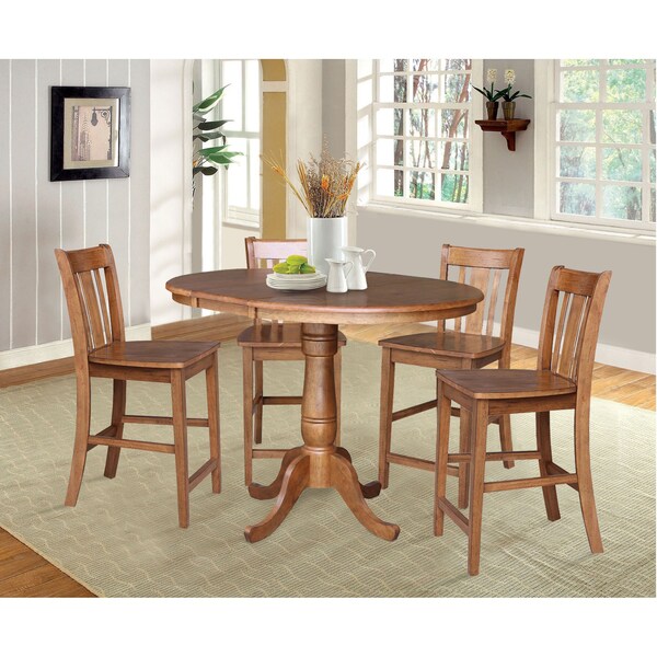 International Concepts Round 36 in Rd Extension Dining Table, 4 San Remo Stools, Distressed Oak, 36 in W, 48 in L, Wood - K42-36RXT-6B-S102-4