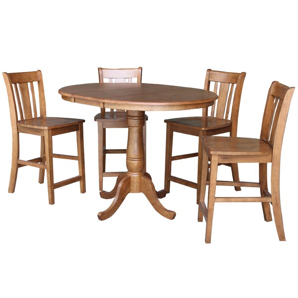 International Concepts Round 36 in Rd Extension Dining Table, 4 San Remo Stools, Distressed Oak, 36 in W, 48 in L, Wood - K42-36RXT-6B-S102-4