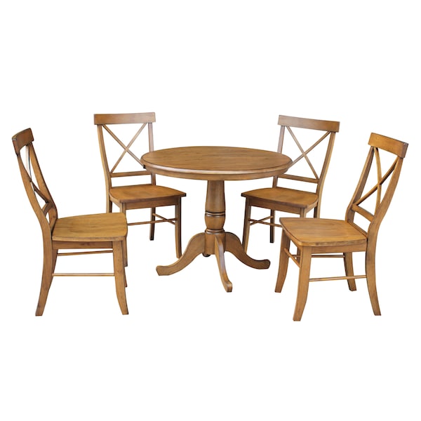 International Concepts Round 36 in Rd Top Pedestal Ext Table, 12 in Leaf And 4 X-Back RTA Chairs, Pecan, 36 in W, 48 in L - K59-36RXT-C613-4