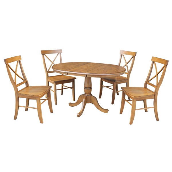 International Concepts Round 36 in Rd Top Pedestal Ext Table, 12 in Leaf And 4 X-Back RTA Chairs, Pecan, 36 in W, 48 in L - K59-36RXT-C613-4